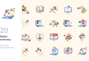 Digital marketing set. Creative icons: pay per click, blog management, advertising, e-mail marketing, sponsored ad, sms marketing, article writing, live event, website, target, direct marketing, focus