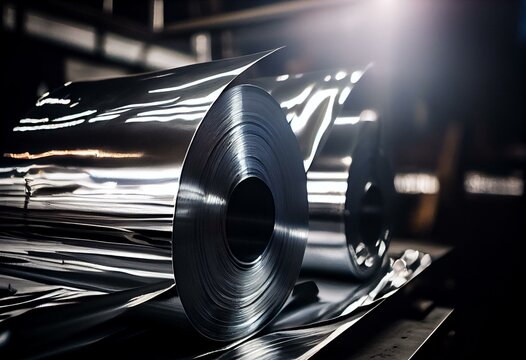 Shiny thin aluminum foil in large rolls in aluminum industry factory warehouse. Generative AI