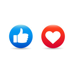 Like icons with thumb up and heart. Social media button symbols. Love and hand with finger circle signs.