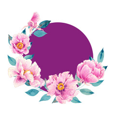 Botanical floral round wreath with pink peonies and blue green leaves. Round border. Floral frame. Purple circle. Hand drawn illustration isolated.