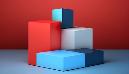 3d realistic minimal background red and blue podium, 3d realistic, geometric, podium. Generative AI