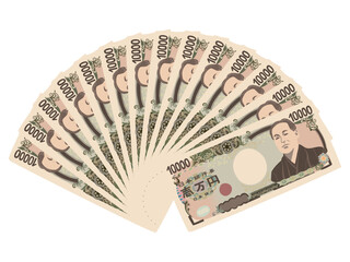 きらきらした福沢諭吉の一万円札の扇のイラスト