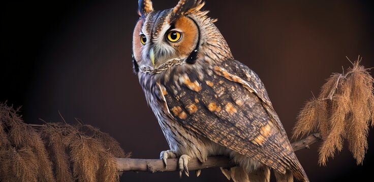 The Oriental scops owl (Otus sunia) perched on a branch. Generative AI