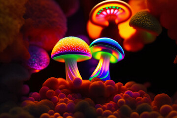 Fototapeta na wymiar Magic mushrooms. Psychedelic dream vision. Mystical ans colorful hallucination. Generative AI.