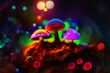 Magic mushrooms. Psychedelic dream vision. Mystical ans colorful hallucination. Generative AI.