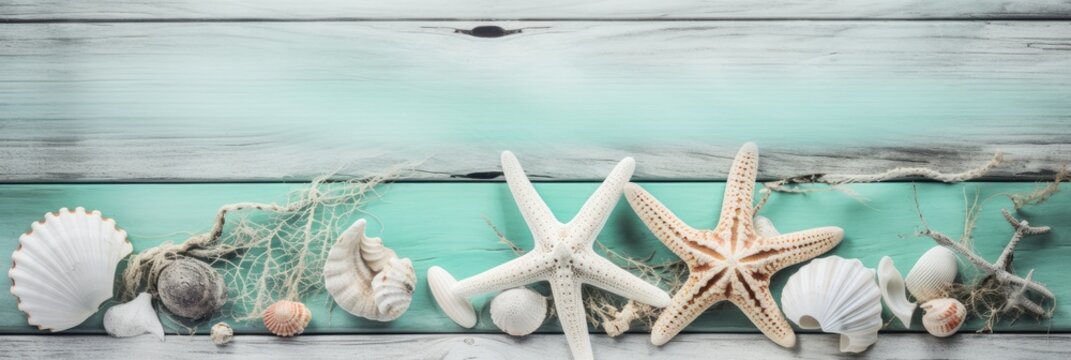 Strandgut Banner, Muscheln und Seesterne auf wei&szlig;en und mintfarbenen Vintage-Holzboden in der Draufsicht, Generative AI