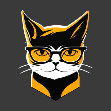 Cat head logo design. Abstract drawing of a cute cat head. Smart cat in glasses. Vector illustration