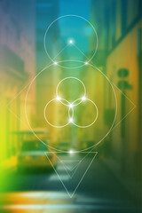 Flower of life. Tree of life. Sacred geometry spiritual new age futuristic illustration with transmutation interlocking circles, triangles and glowing particles