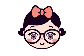 cute little girl logo with glasses and bow on top, simplistic vector art, kawaii art