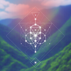 Flower of life. Tree of life. Sacred geometry spiritual new age futuristic illustration with transmutation interlocking circles, triangles and glowing particles