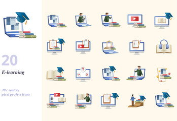 E-learning set. Creative icons: distance learning, webinar, online coaching, video lesson, online course, study program, video tutorial, digital library, online test, audio book, knowledge, quiz