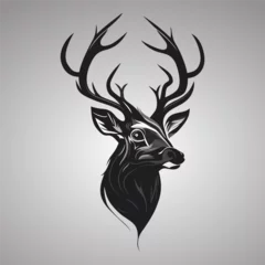 Poster Deer head logo design. Abstract drawing deer face. Black silhouette of deer with horns. Vector illustration © chekman