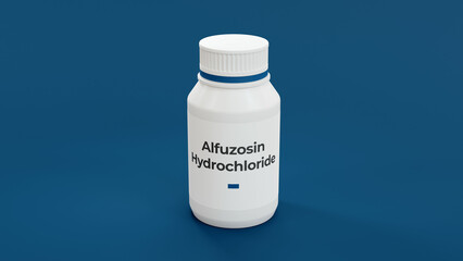 Alfuzosin Hydrochloride tablets bottle isolated on blue background 3d rendering.