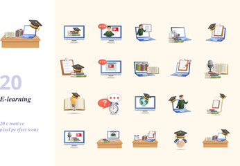 E-learning set. Creative icons: distance learning, webinar, online coaching, video lesson, online course, study program, video tutorial, digital library, online test, audio book, knowledge, quiz