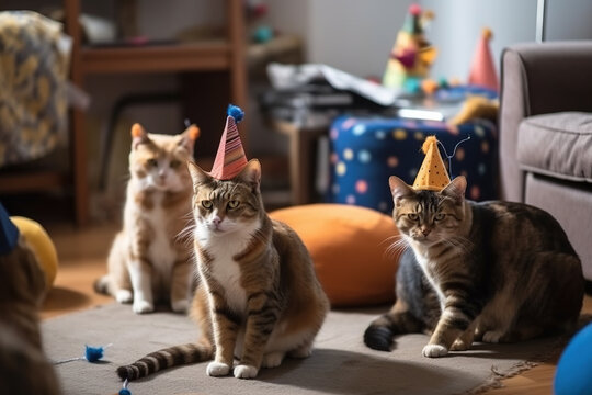 cats with party hats celebrating birthdaycats with party hats celebrating birthday. Generative AI