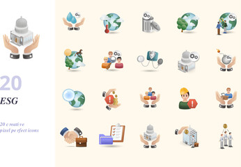 Esg set. Creative icons: water efficiency, climate stability, waste management, natural resource, social management, biodiversity, human capital management, health and safety, governance, risk