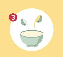 Concept Cake preparation step 3. This illustration features the third step in cake preparation in a flat vector cartoon style on a yellow background. Vector illustration.