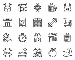 Set of 20 fitness line icons. waist, muscle, schedule, run, slim, award, watch, weight, plan, calendar, gymnastics, running, workout, checklist, gym