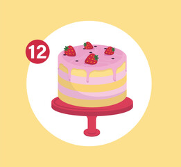 Concept Cake preparation step 12. The illustration shows the twelfth step of cake preparation. The cake is on a yellow background, and there is a flat, and cartoon-style design. Vector illustration.