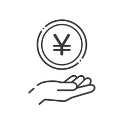 ¥の文字が入ったシンプルなコインと人の手のアイコン- 日本や中国などのお金･円や元のイメージ
