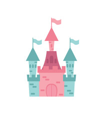 Concept Cartoon medieval fairy tale castle. This illustration is a flat vector design featuring a classic fairy tale setting, a castle, on a white background. Vector illustration.