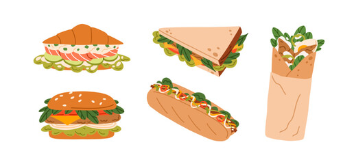 Fast food snacks set. Burger, sandwich, shawarma, hot dog, croissant with meat and vegetable stuffing. Street eating with fillings, sauces. Flat vector illustrations isolated on white background