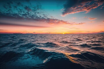 picturesque sunset over the ocean waves. Generative AI