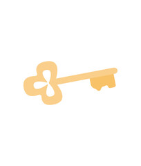 Concept Cartoon medieval fairy tale golden key. This is a flat vector illustration of a golden key on a white background. Vector illustration.