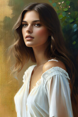 Fototapeta premium A Stunning Portrait of a Young Woman with Striking Features A Raw and Analog- Oil Painting Style Masterpiece, Beauty fashion portrait of beautiful young woman in isolated background, Generative AI