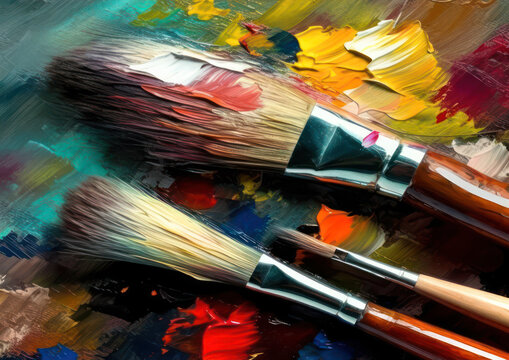 Closeup on paintbrushes on dirty canvas or artist's palette covered with oil paints, concept representation for fine art gallery, visual art genius and talented artist's workshop. Generative AI