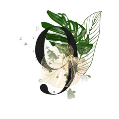 Naklejka premium Tropical Floral Number. Digit with a botanical bouquet. Wedding invitations, greeting cards, birthdays, logos, posters other ideas. Vector illustration.