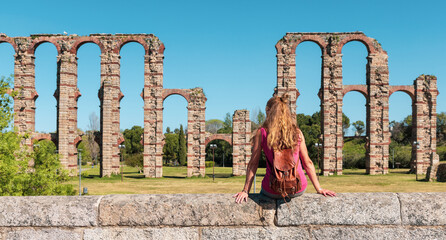 tourism in Extremadura- travel in Spain,  Merida city with aqueduct and tourist
