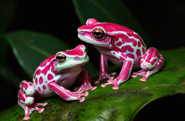 Naklejka premium Close-up, abstrakte Illustration von zwei schönen pinken Fröschen im Amazonas Regenwald, Generative AI