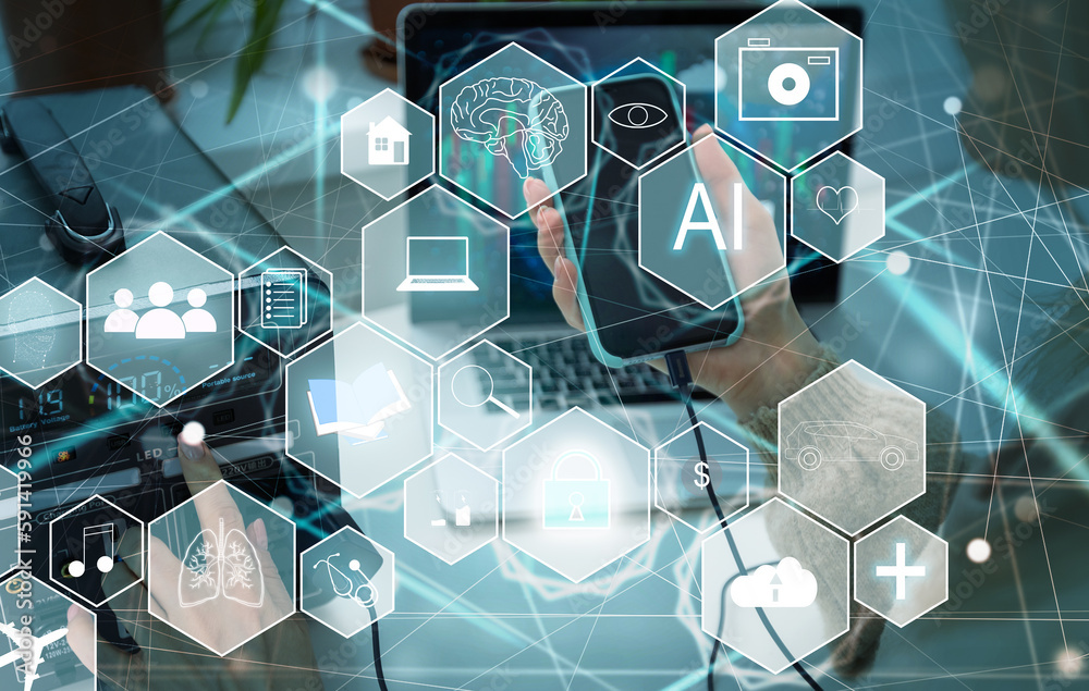 Poster artificial intelligence service business web computing iot integration concept. ai gear icon on disp