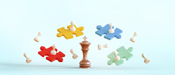 Chess and jigsaw puzzles with the concept of leaders with teamwork for the achievement of ultimate goals on Green background. copy space, banner, website, poste - 3d rendering
