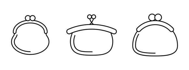 Wallet icon. Set of black linear icons of wallets on white background. Wallets logo design. Vector illustration