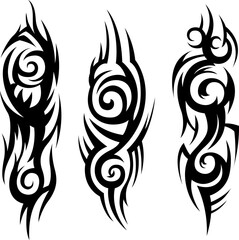 Tribal tattoo. Silhouette illustration. Isolated abstract element set.
