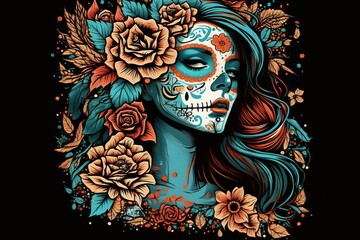 Dia de los Muertos Fest painted skull. Generative AI technology.,