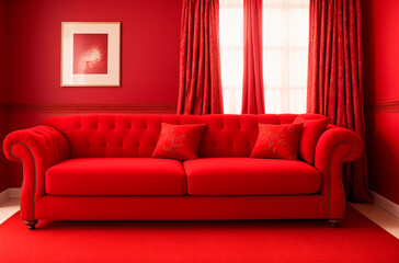 Big red sofa in red room. Bright interior in apartment. Generative AI.