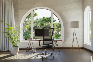 workplace with pc workstation in front of large arched windows; landscape view; bright sunlight;  remote work freelance concept; 3D Illustration