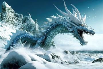 A dragon roaring in the snow, a dragon with its mouth open in the snow