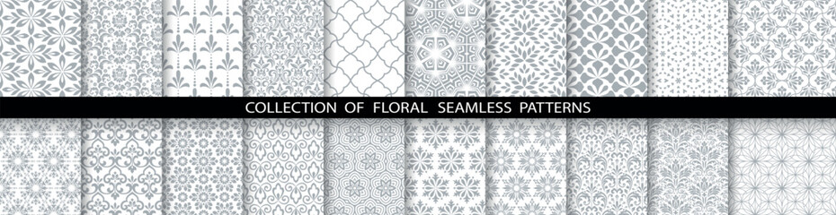 Geometric floral set of seamless patterns. White and gray vector backgrounds. Damask graphic ornaments