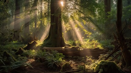 Old beautiful forest with sunlight filtering through the dense vegetation, generative ai