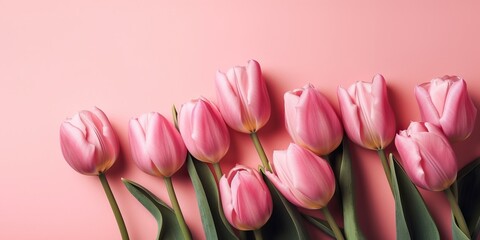 Fototapeta premium Pink background with pale rose tulips and lots of copy space, generative ai