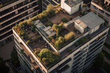 Modern residential building with garden terraces and pools, generative ai