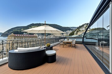 Obraz premium Spectacular view of San Sebastian in Spain from a penthouse terrace, generative ai