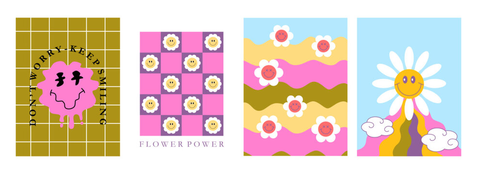 Set of 70s retro revival posters. Groovy flowers, rainbow, retro vintage lettering. Checkered board, swirls. Poster, flyer, card, banner design. Background