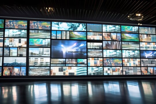 video wall with multimedia images on different television screens, generative ai