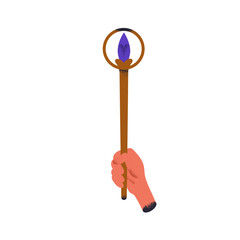 Hand holding wand, torch light, magic stick, symbol of power. Powerful magician arm with torchlight. Esoteric supernatural mystic concept. Flat vector illustration isolated on white background