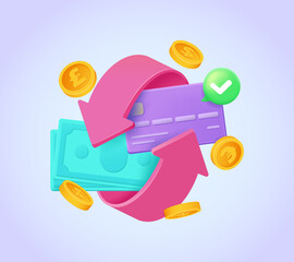 Shopping cashback, money transfer concept with cash, coins, arrows and credit card. Design concept for landing page. 3d vector illustration for website, banner, hero image.
 